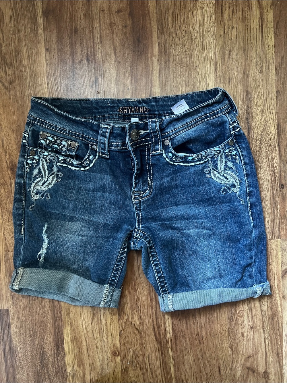 Shyanne Dark Blue Embroidered Rolled Cuff Denim Shorts